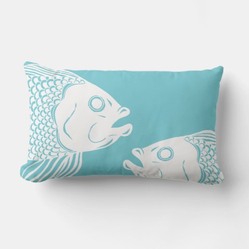Nautical White Fish Heads  Blue Lumbar Pillow