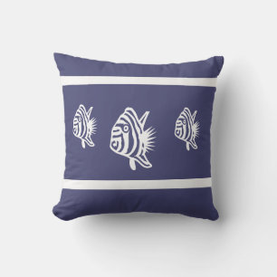 Nautical white fish  on navy blue coastal living outdoor pillow