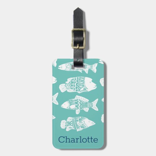 Nautical White Floral Fish  Personalized Luggage Tag