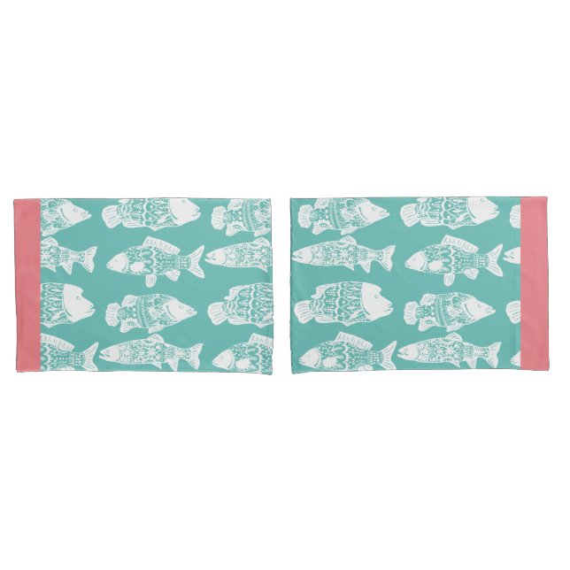 Nautical White Floral Patterned Fish & Coral Pink Pillow Case (Front-Set)