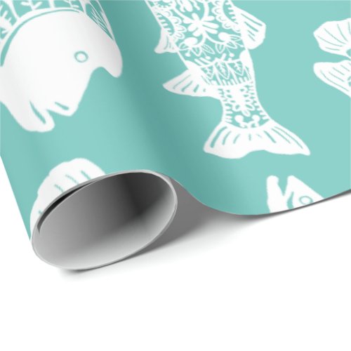 Nautical White Floral Patterned Fish Wrapping Paper