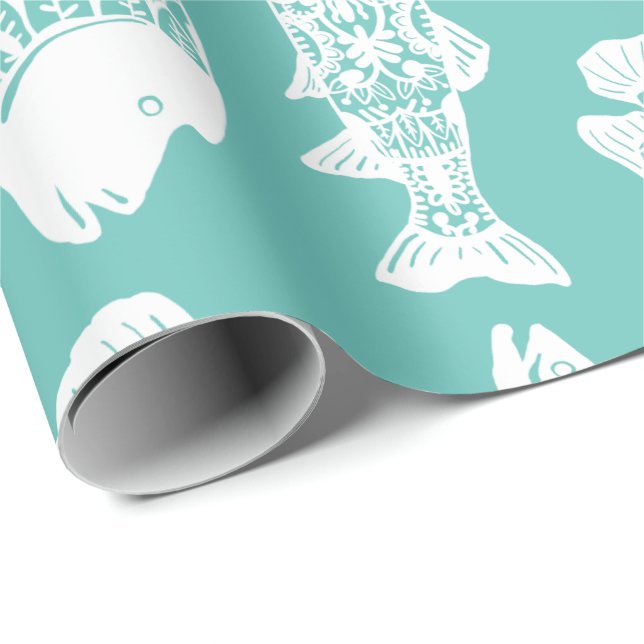 Nautical White Floral Patterned Fish Wrapping Paper (Roll Corner)
