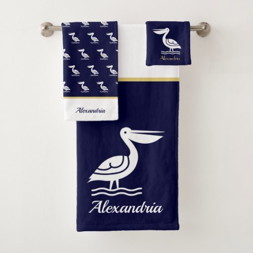 Nautical white gold and navy blue pelican bath towel set