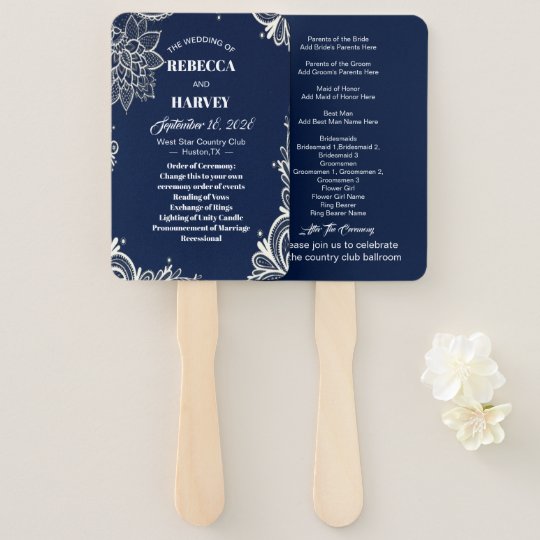 Nautical White Lace Navy Blue Wedding Programs Hand Fan Zazzle Com