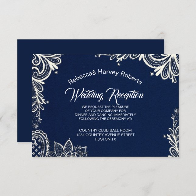 nautical white lace navy blue wedding reception invitation (Front/Back)