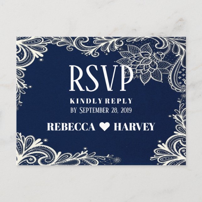 nautical white lace navy blue wedding RSVP Invitation Postcard (Front)
