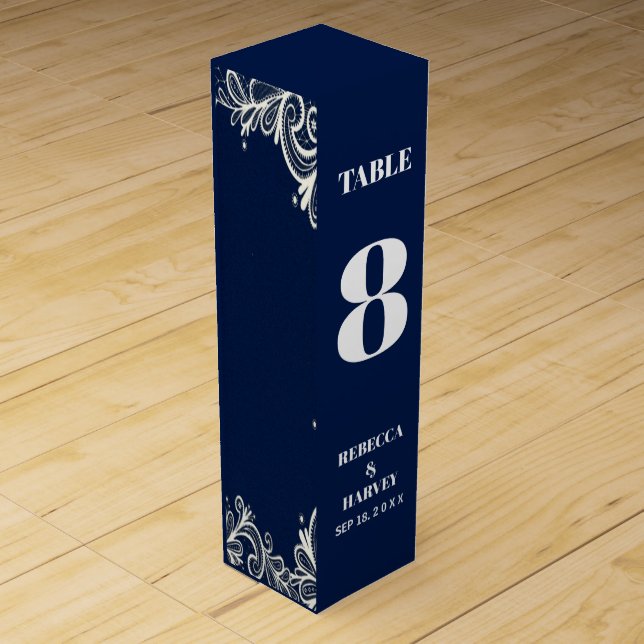 nautical white lace navy blue wedding wine box (Front)
