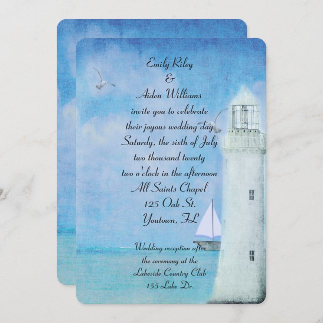 Nautical White Lighthouse wedding Invitation (Front/Back)