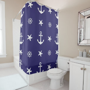 Nautical White Marine Elements on Navy Blue Shower Curtain