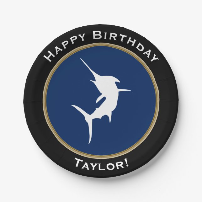 Nautical White Marlin Happy Birthday with Name Paper Plates (Front)