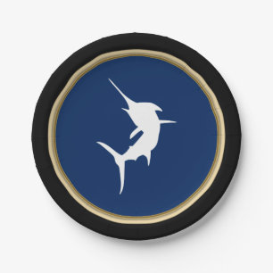 Nautical White Marlin Silhouette on Dark Blue Paper Plates