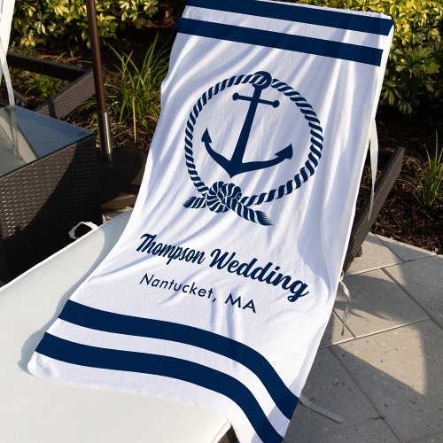 Nautical White Navy Anchor Custom Wedding Beach Towel