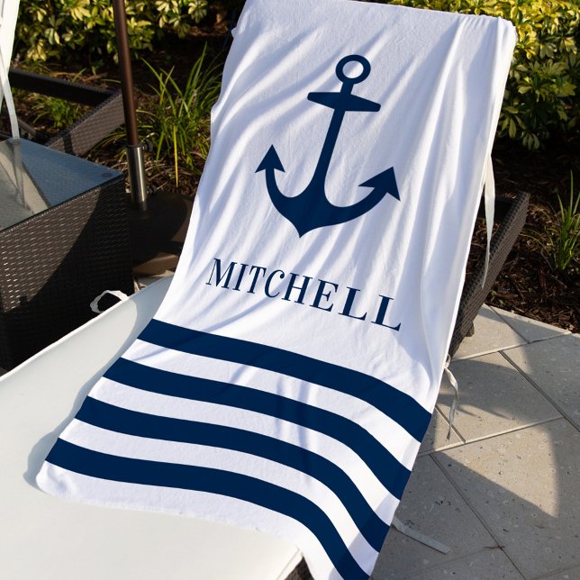 Nautical White Navy Anchor Monogram Name Beach Towel (Creator Uploaded)