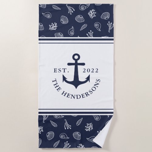 Nautical White Navy Blue Anchor Family Name Beach Towel