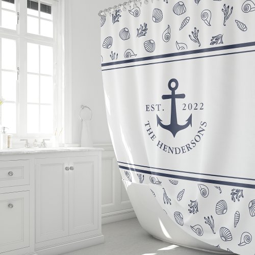 Nautical White Navy Blue Anchor Monogrammed Shower Curtain