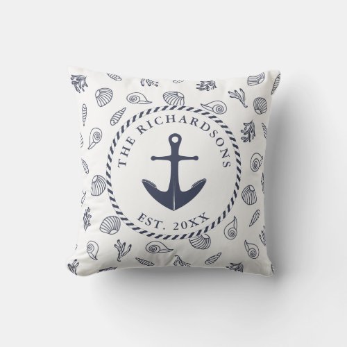 Nautical White Navy Blue Family Anchor Outdoor Pillow