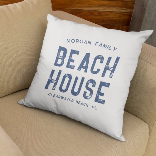 Nautical White Navy Blue Family Name Beach House Throw Pillow