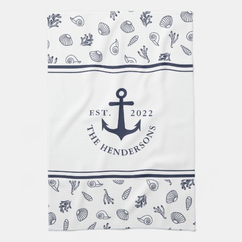 Nautical White Navy Blue Family Name Year Anchor Kitchen Towel