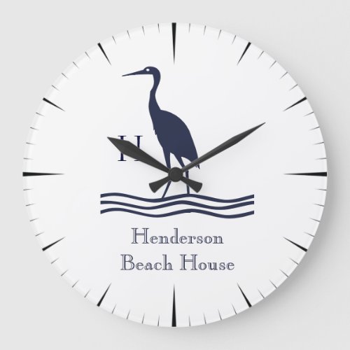 Nautical White Navy blue Heron Coastal Monogram Large Clock
