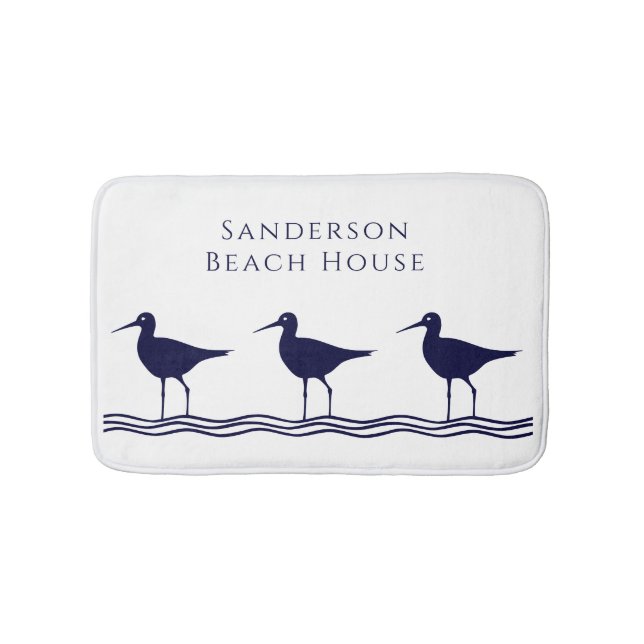Nautical White Navy Blue Sandpipers Address Doorma Bath Mat (Front)