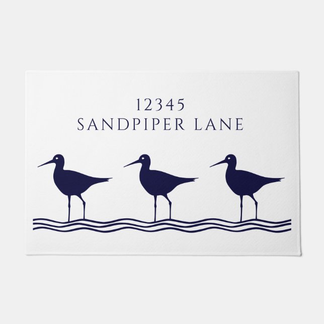 Nautical White Navy Blue Sandpipers Address Doormat (Front)
