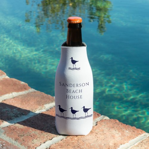 Nautical White Navy Blue Sandpipers beach house   Bottle Cooler