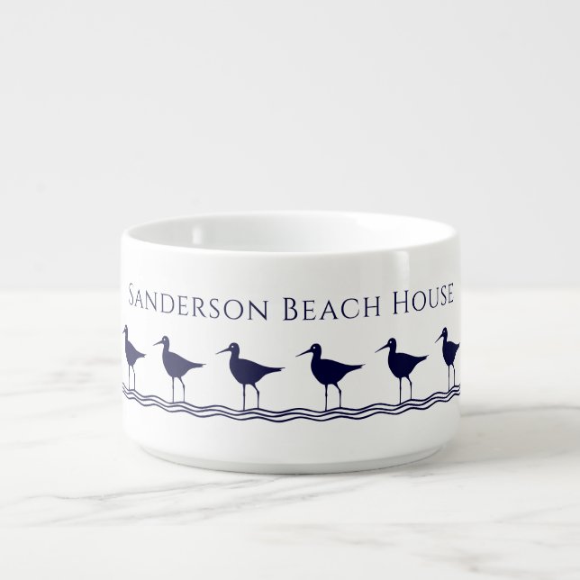 Nautical White Navy Blue Sandpipers beach house  Bowl (Center)