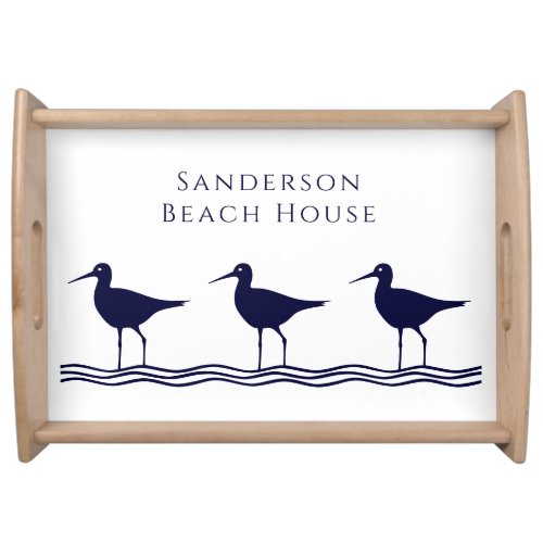Nautical White Navy Blue Sandpipers beach house Serving Tray