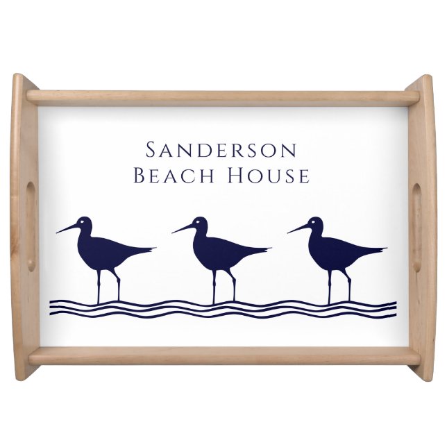 Nautical White Navy Blue Sandpipers beach house Serving Tray (Front)
