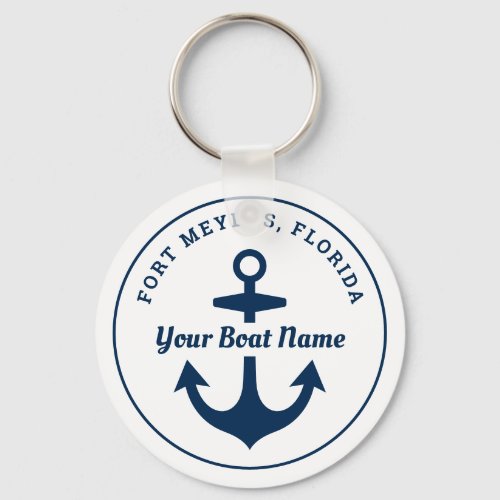 Nautical White Navy Personalized Boat Name Anchor Keychain