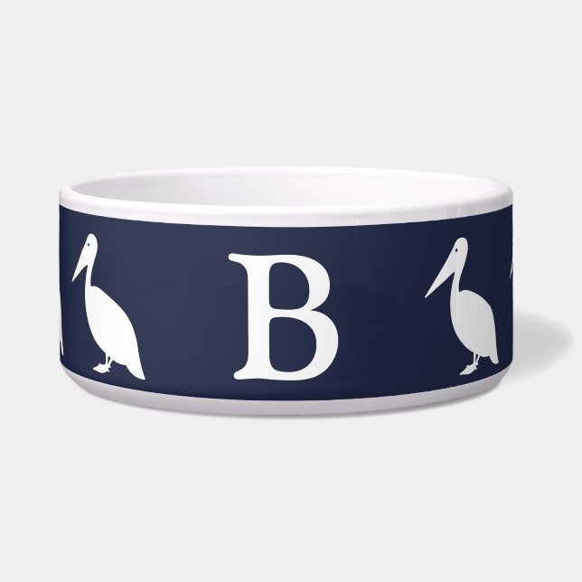 Nautical White Pelicans & Navy Blue | Monogram Bowl (Front)