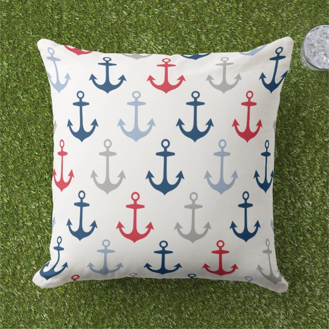 Nautical White Red Navy Anchor Pattern Outdoor Pillow (Grass)