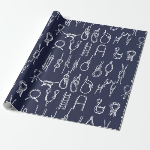 Nautical White Rope Knots  Navy Blue Wrapping Paper