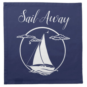 Nautical white sail boat/sail away/blue silhouette cloth napkin