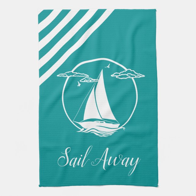 Nautical white sail boat/sail away/ silhouette kitchen towel (Vertical)