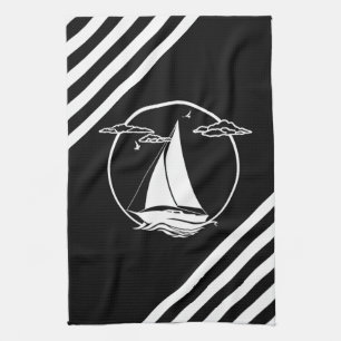 Nautical white sail boat/seagull/sunset silhouette kitchen towel