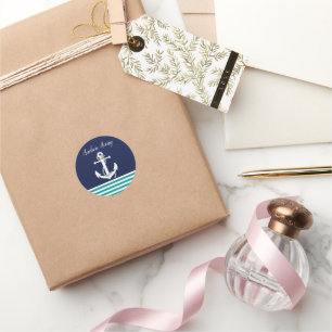 Nautical white sailboat/anchor away/aqua/navy blue classic round sticker