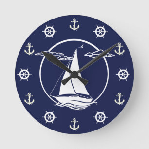 Nautical white sailboat/anchor/wheel silhouette round clock