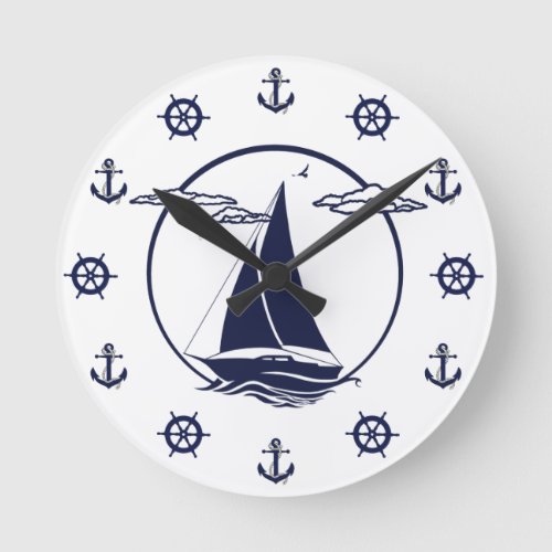 Nautical white sailboatanchorwheel silhouette round clock