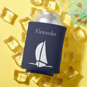 Nautical White sailboat Navy blue Coastal Can Cooler