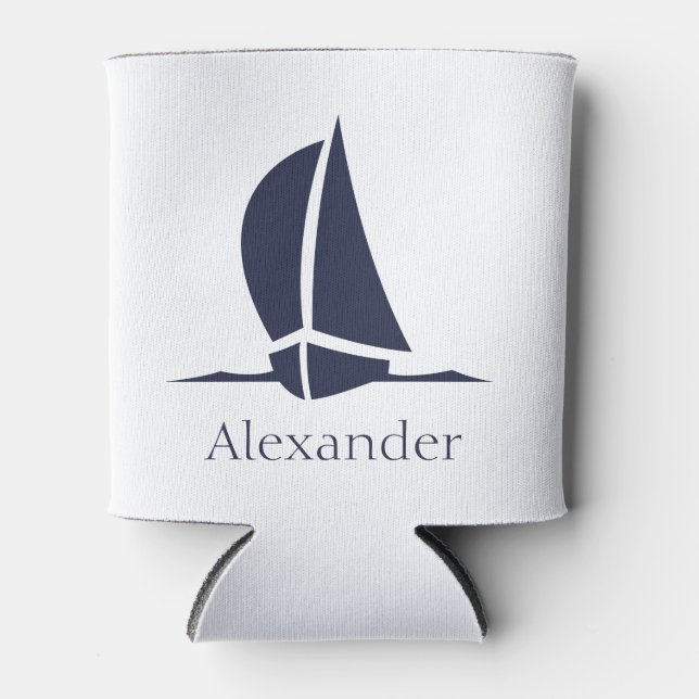 Nautical White sailboat Navy blue Coastal Monogram Can Cooler (Front)