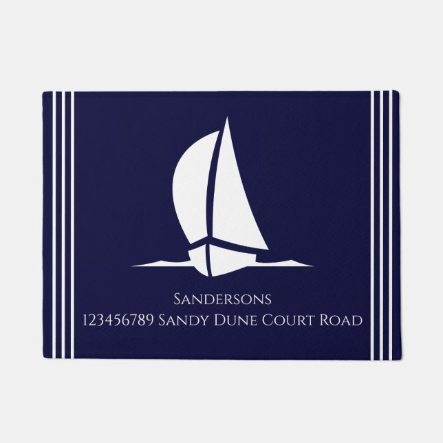 Nautical White sailboat Navy blue Coastal Monogram Doormat (Front)