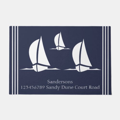 Nautical White sailboat Navy blue Coastal Monogram Doormat
