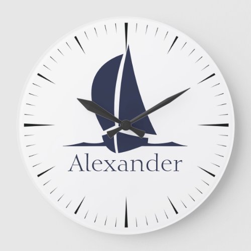 Nautical White sailboat Navy blue Coastal Monogram Large Clock