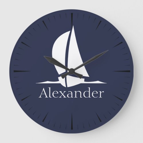 Nautical White sailboat Navy blue Coastal Monogram Large Clock
