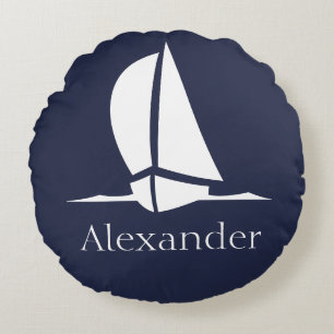 Nautical White sailboat Navy blue Coastal Monogram Round Pillow