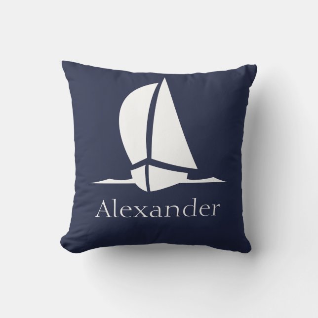 Nautical White sailboat Navy blue Coastal Monogram Throw Pillow (Front)