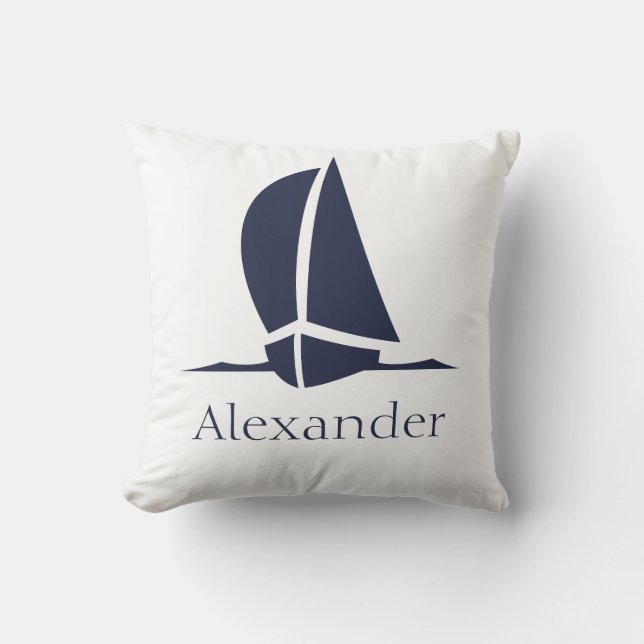Nautical White sailboat Navy blue Coastal Monogram Throw Pillow (Front)