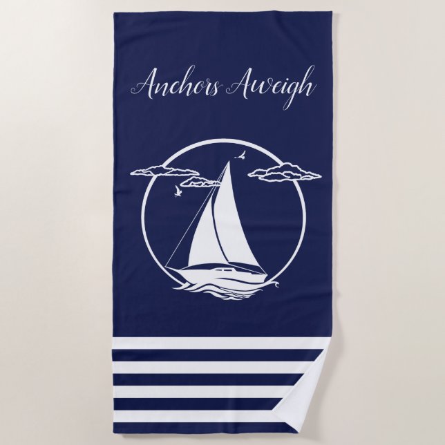Nautical white sailboat silhouette/anchors aweigh beach towel (Front)