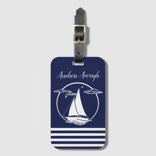 Nautical white sailboat silhouetteanchors aweigh luggage tag